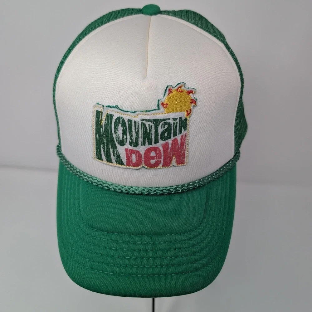 Mountain Dew Puffy Patch Trucker‎ Hat Green White Snapback Rope Y2K foam